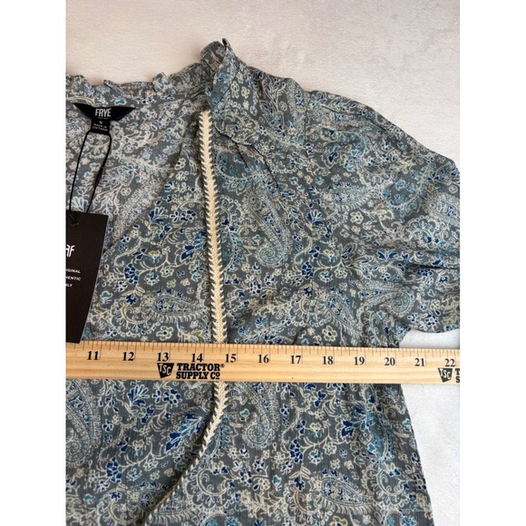 Frye Women's Small Paisley‎ Print Long Sleeve Blouse Tie Neck Top Blue  Boho New - Picture 7 of 9